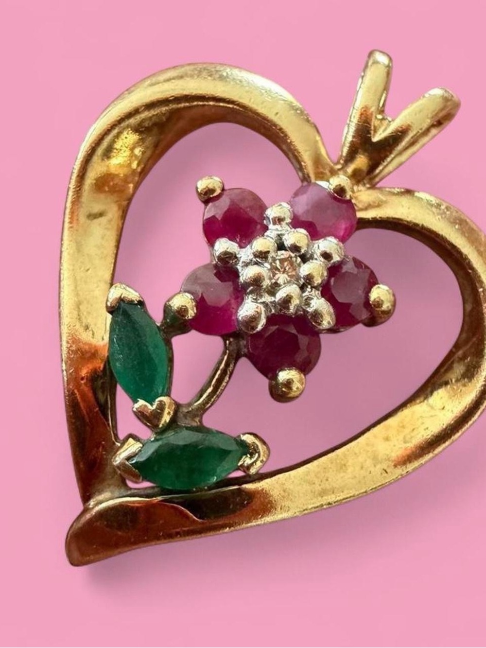 10K Gold Heart Pendant Ruby Emerald Diamond Flower Vintage Style Jewelry Y2K
